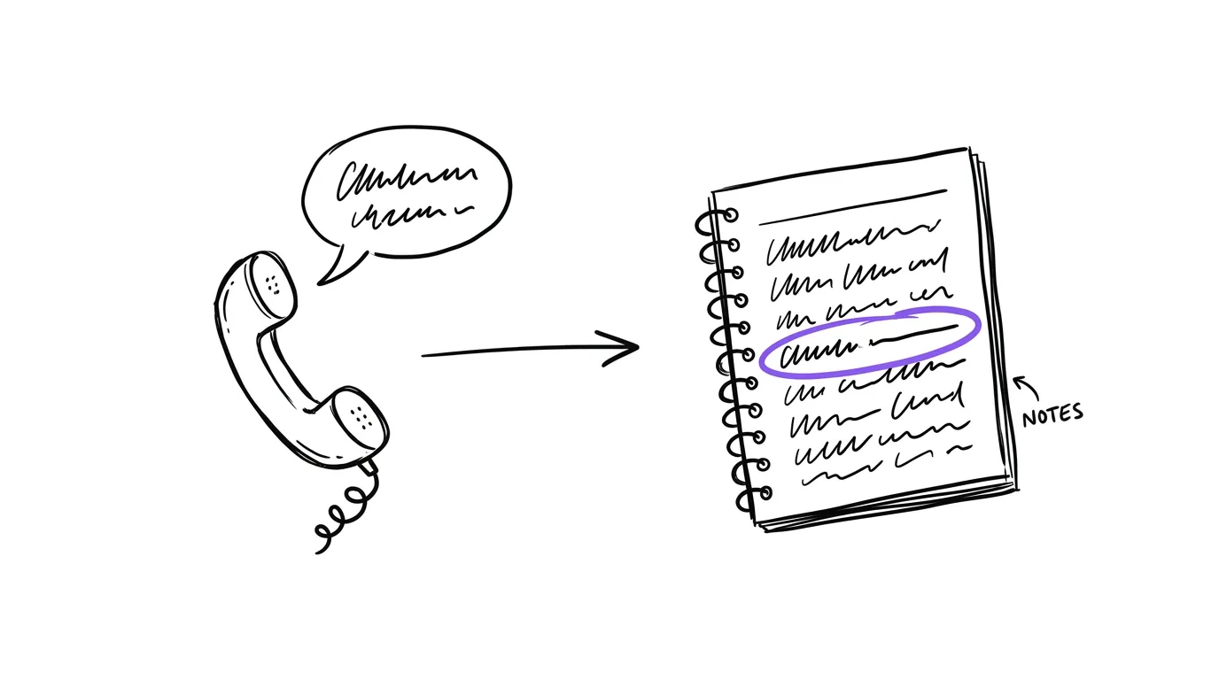A phone call turning into a page of notes, one line circled