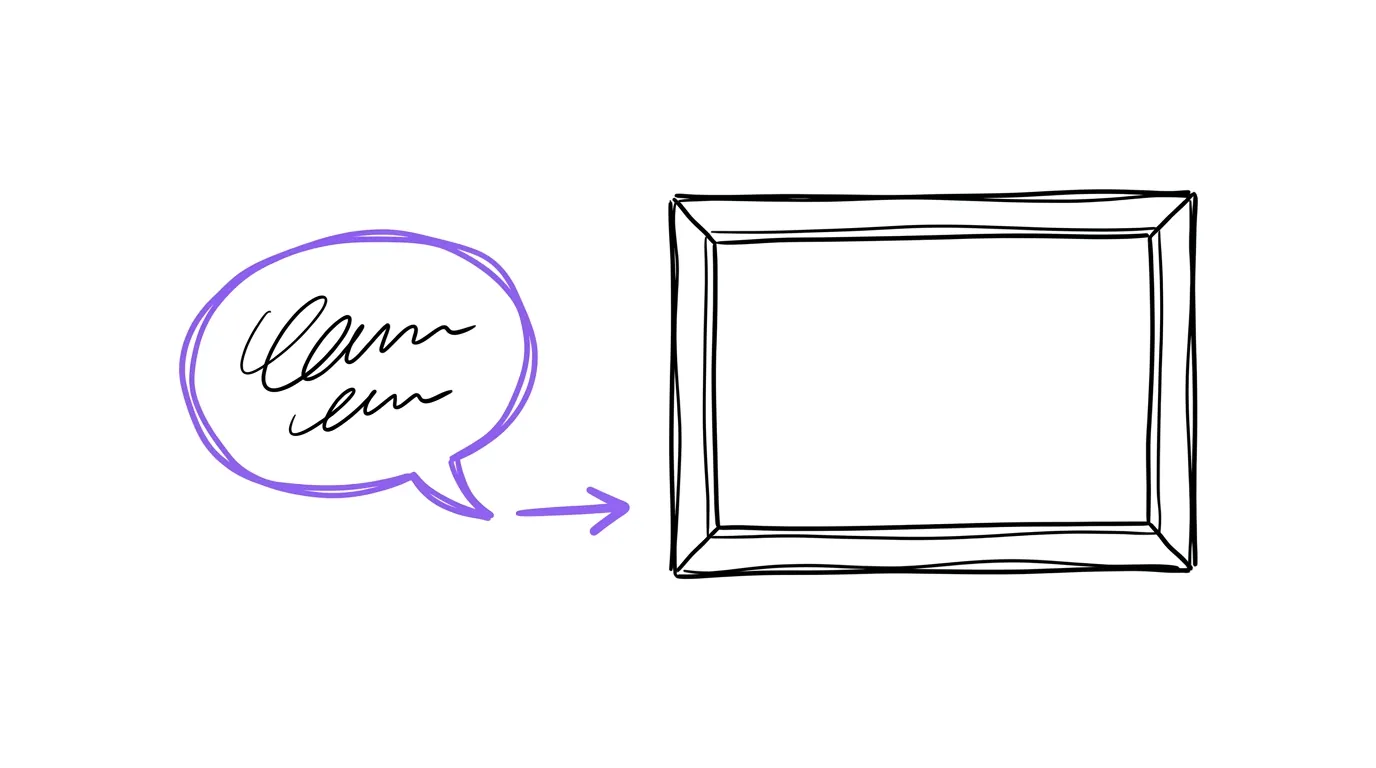 An empty picture frame with a speech bubble in front of it