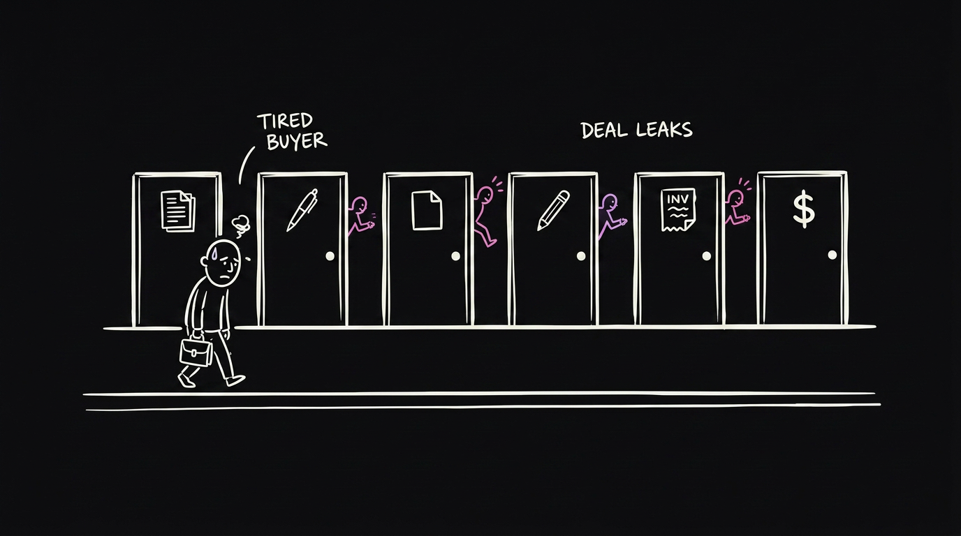 A buyer facing six separate doors they can leak out of, versus one clean link
