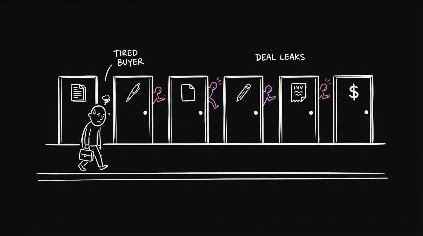 A buyer facing six separate doors they can leak out of, versus one clean link