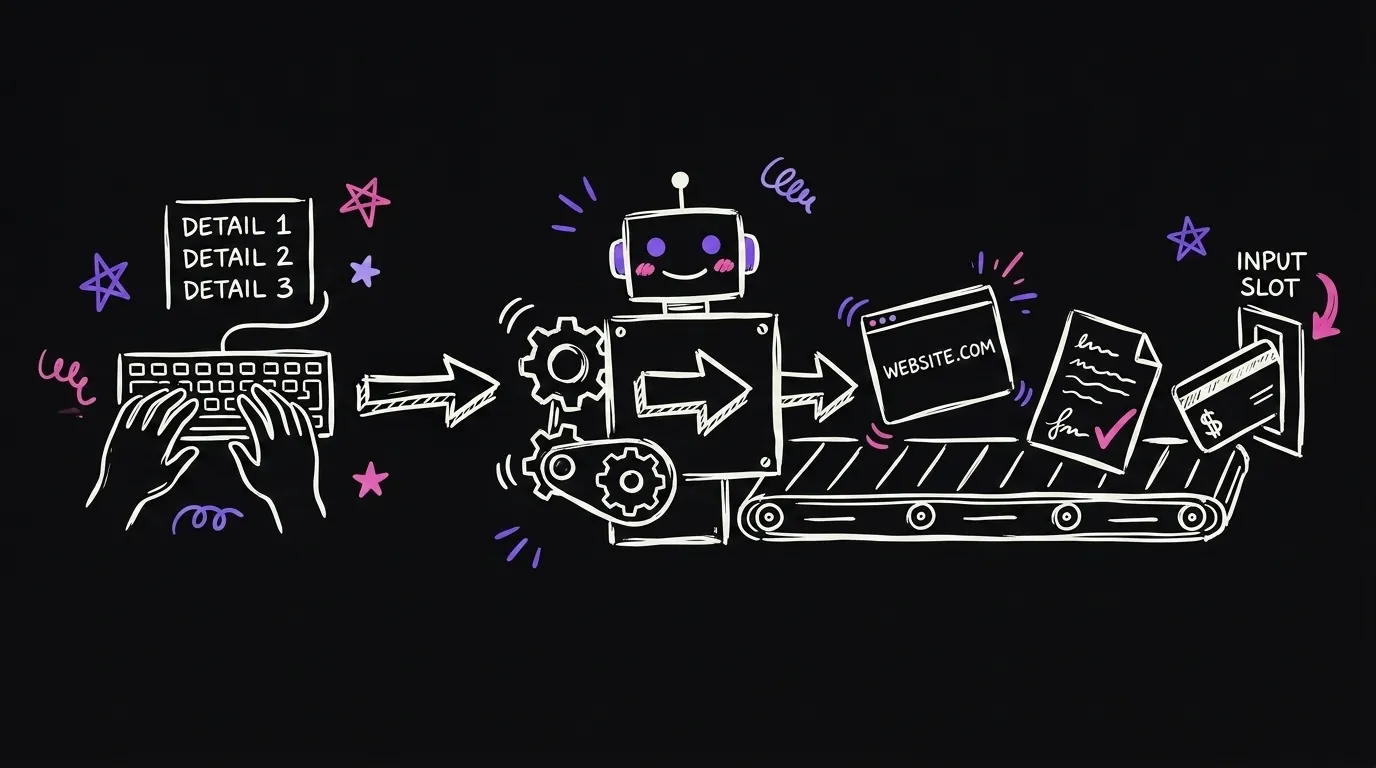 A small machine: a few details in, out comes a live link, a signed paper, and a payment