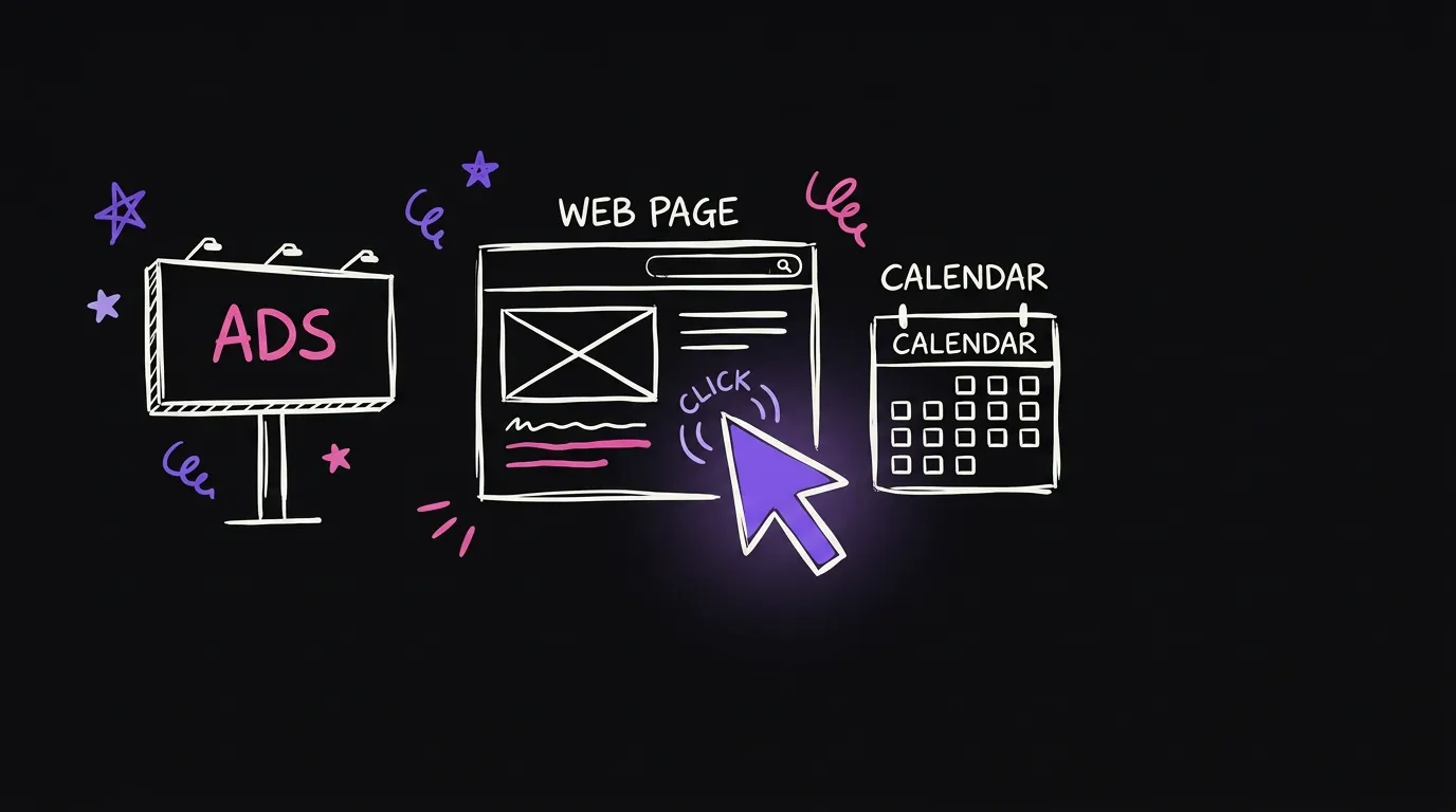 A big mouse cursor clicking in the middle, an ad billboard on the left, a web page and a calendar on the right