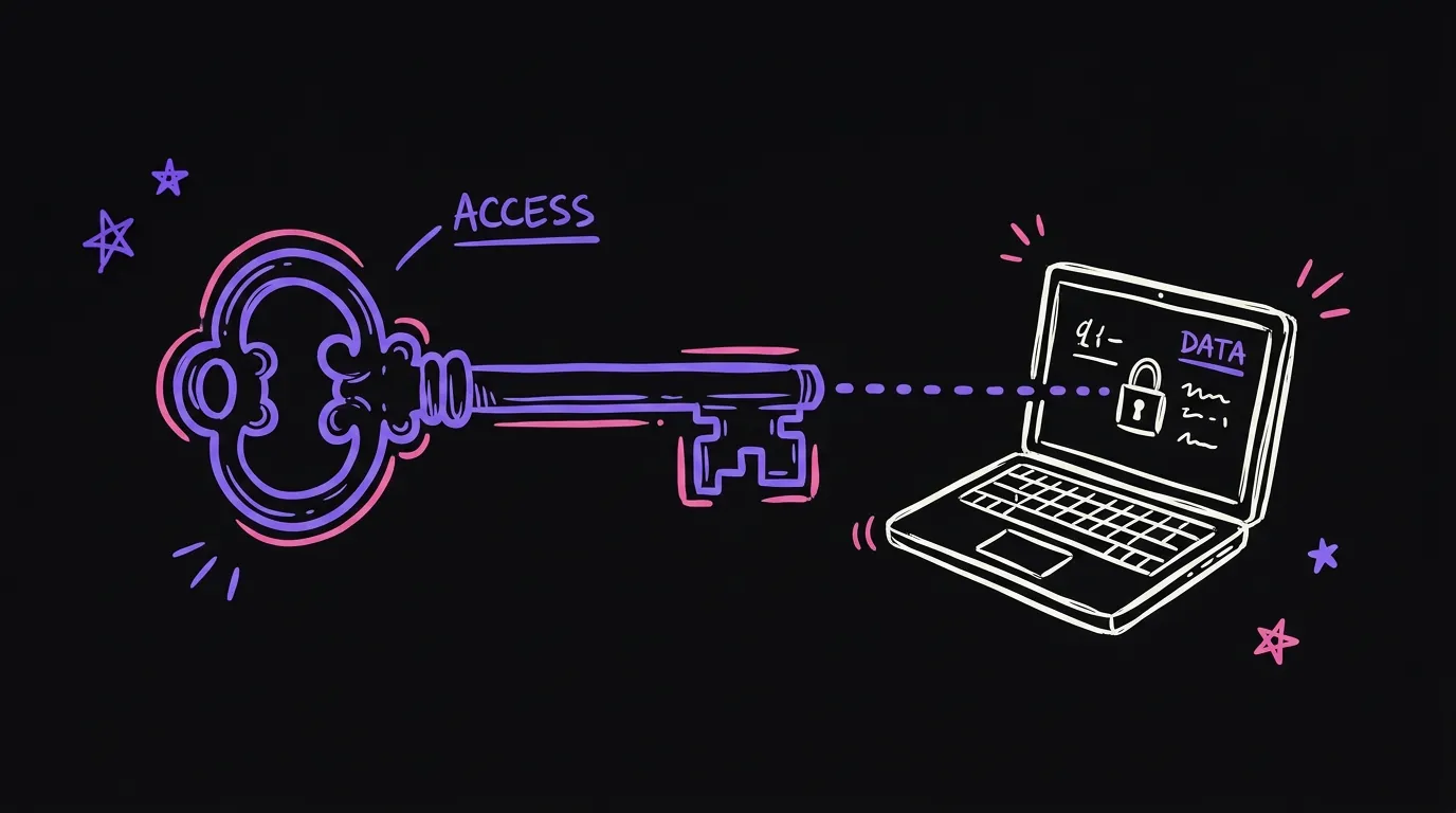 A large key next to a small laptop with a dotted line between them