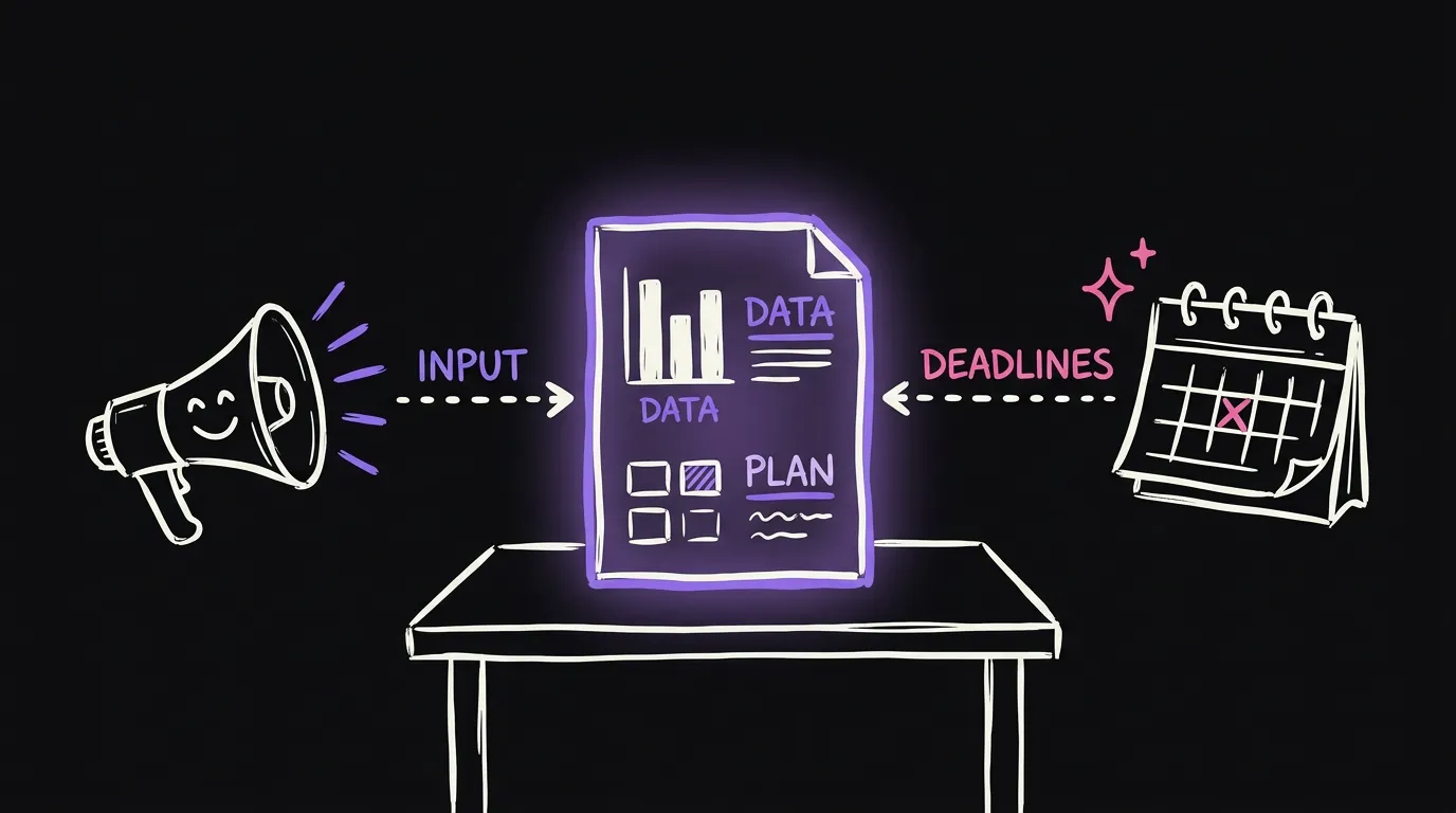 A single sheet on a desk with a few bars and boxes, a megaphone and a calendar feeding into it
