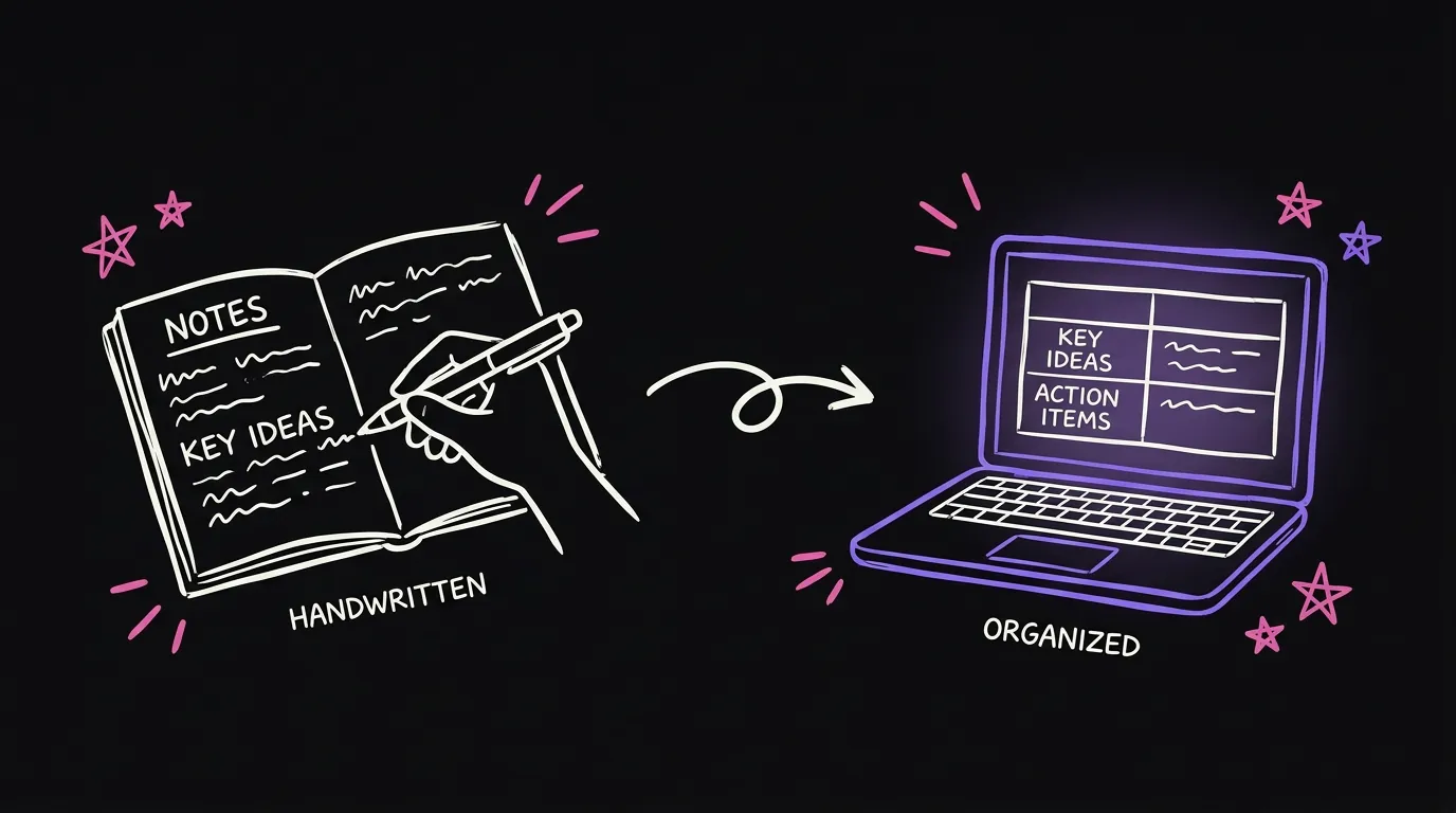 A hand writing in a notebook, an arrow into a laptop showing the same lines as a table