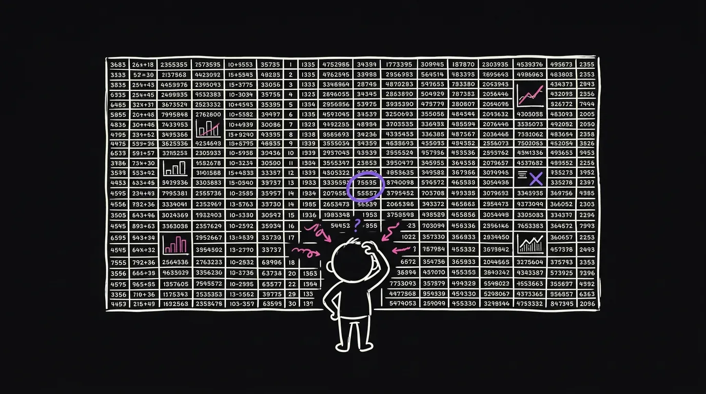A wall of tiny numbers, a small figure in front of it, one number circled