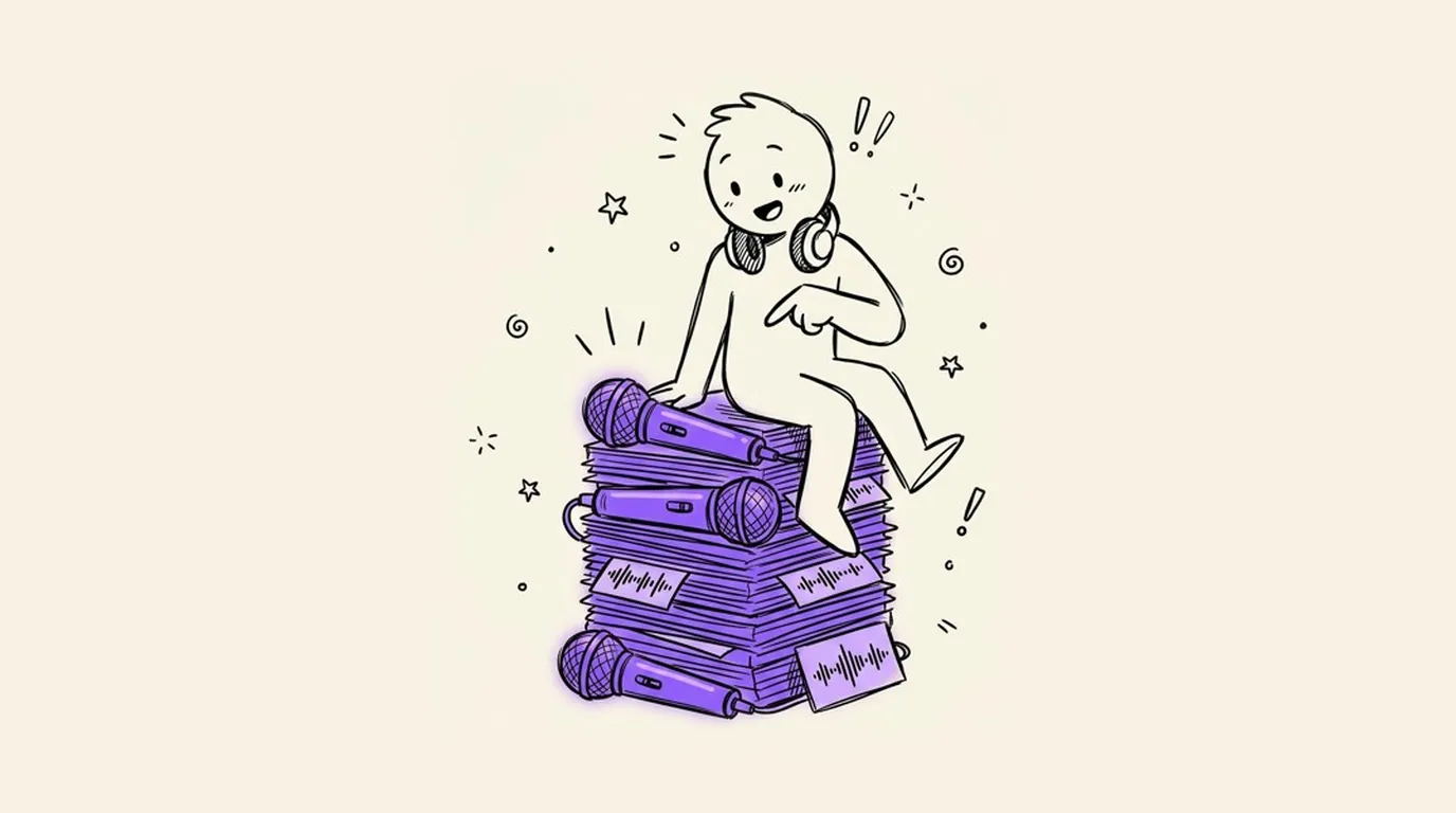 A person with headphones sitting on a stack of violet call recordings and microphones