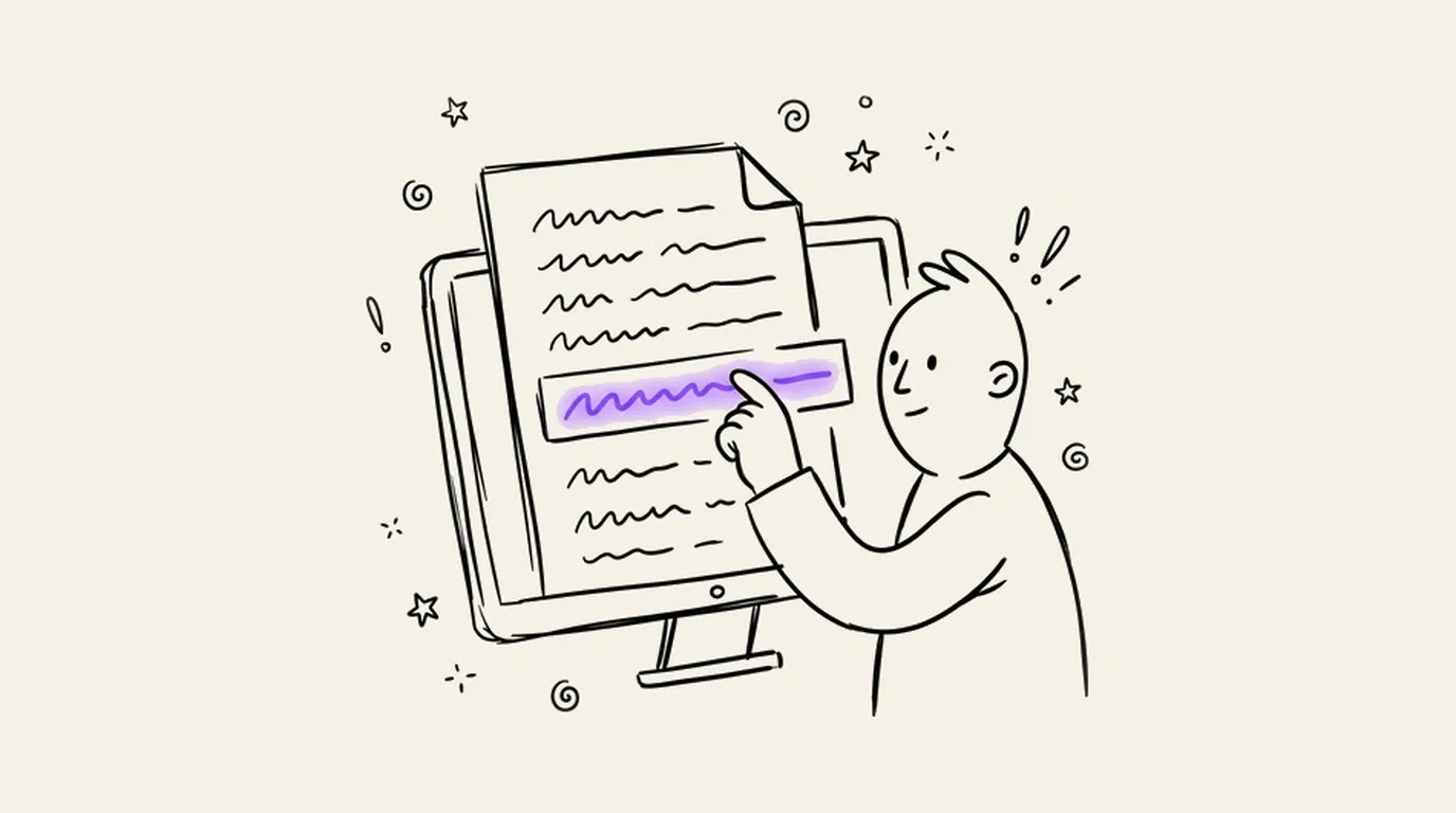 A person pointing at one highlighted violet line in a document on a screen