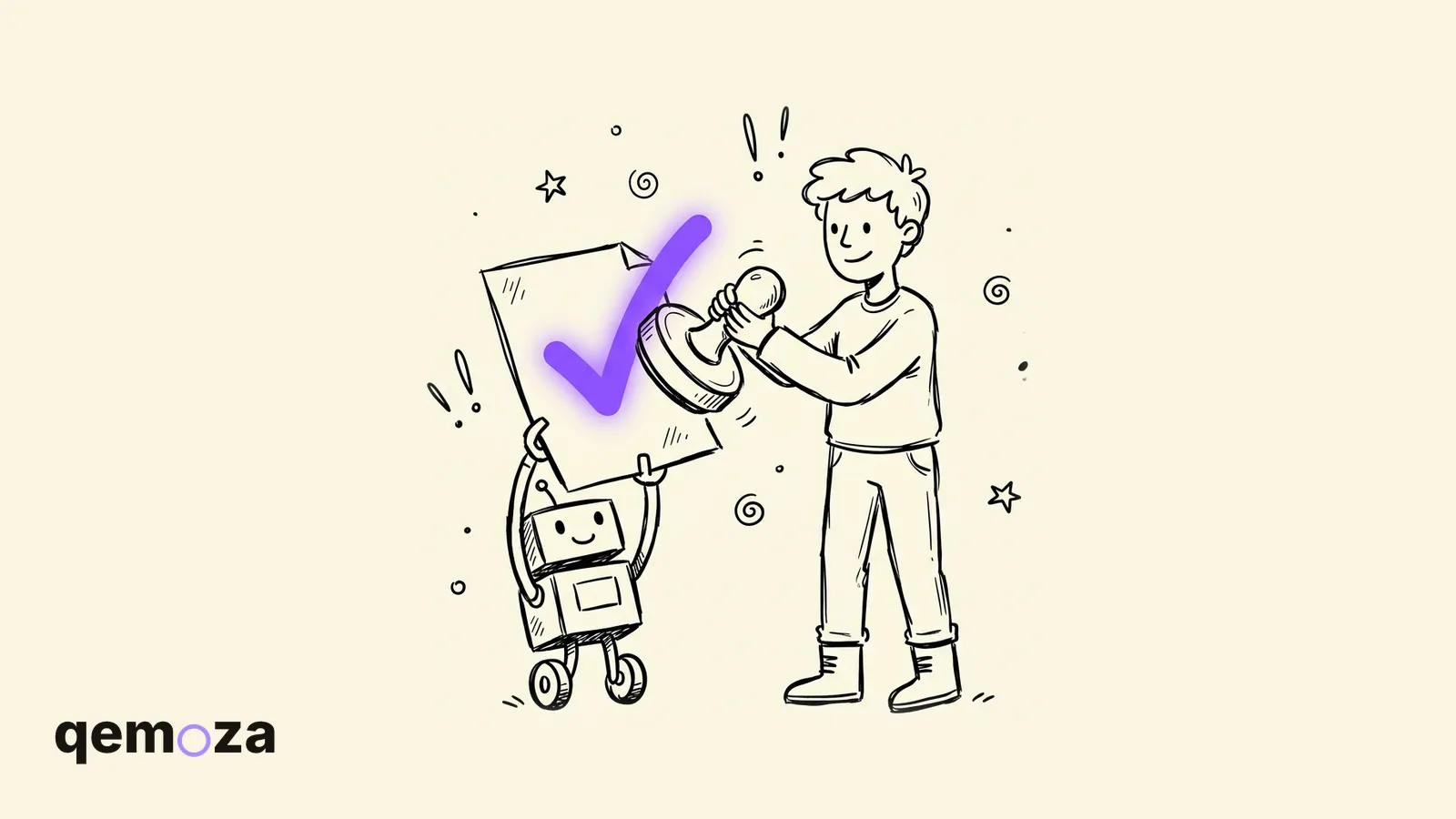 A small robot holding up a sheet of paper while a person stamps a violet check mark on it