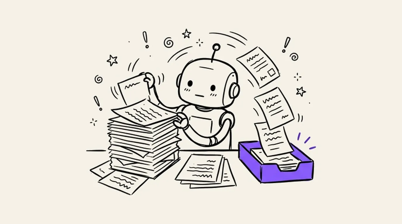 A small robot sorting a tall stack of papers into a violet tray