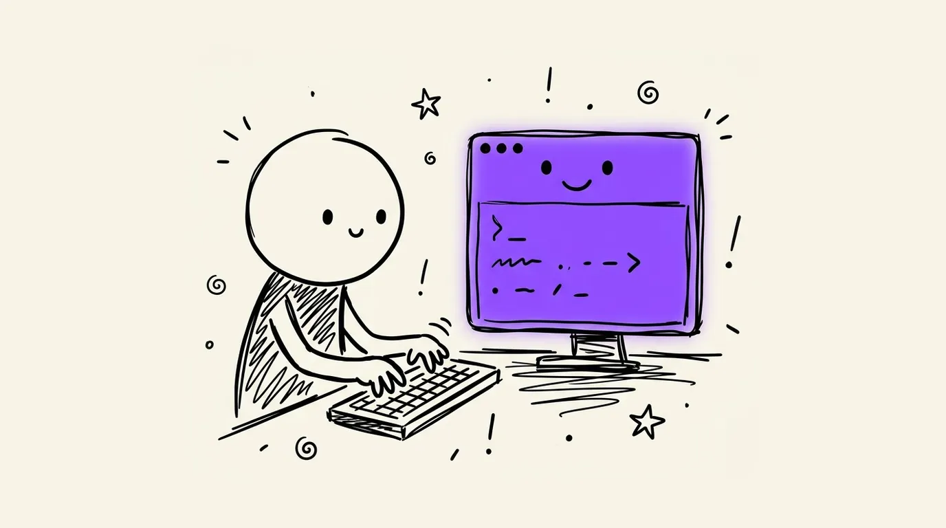 A person typing at a keyboard in front of a violet terminal screen