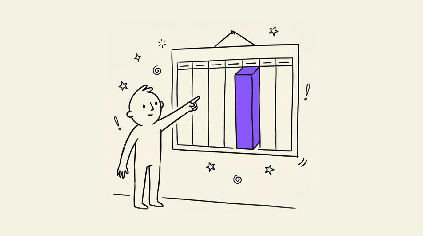 A person pointing at a wall chart with one tall violet bar
