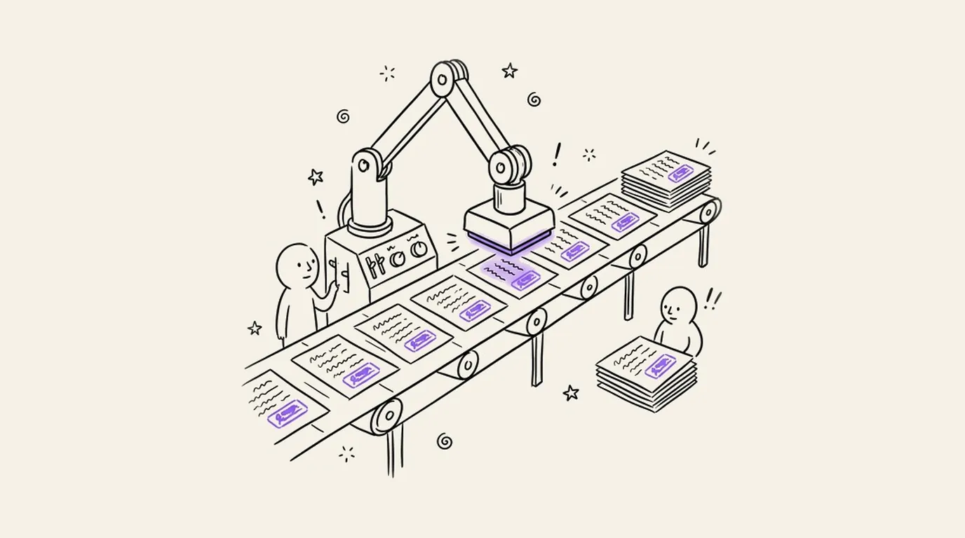 A robot arm stamping pages on a moving belt while two people stack the finished ones
