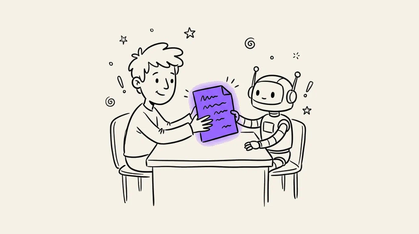 A person handing a violet page across a table to a small robot