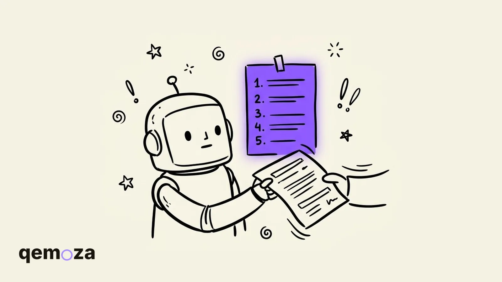 A small robot reading a page next to a violet sheet with five numbered steps on it