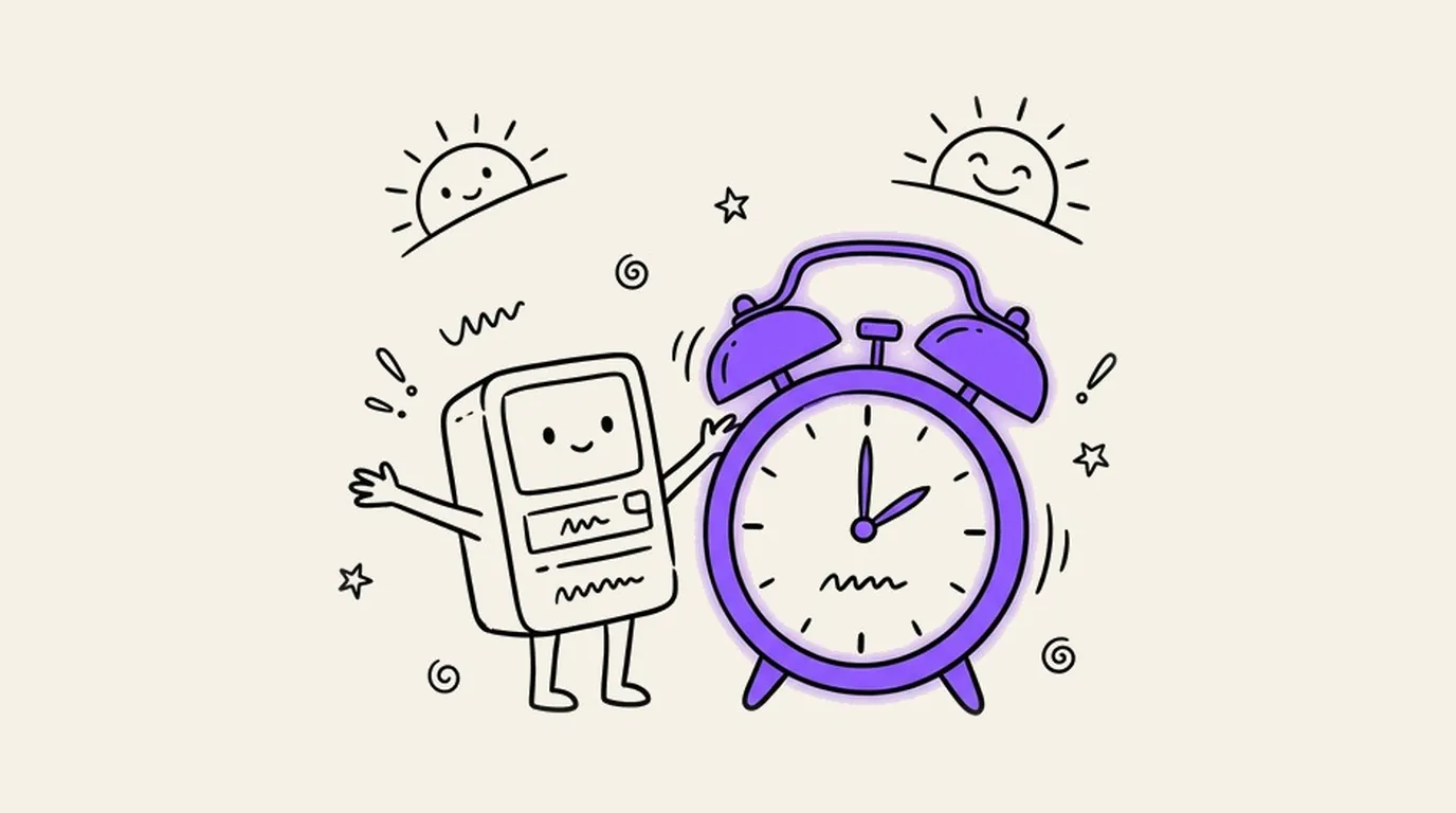 A small smiling machine waving next to a big violet alarm clock, with two suns above