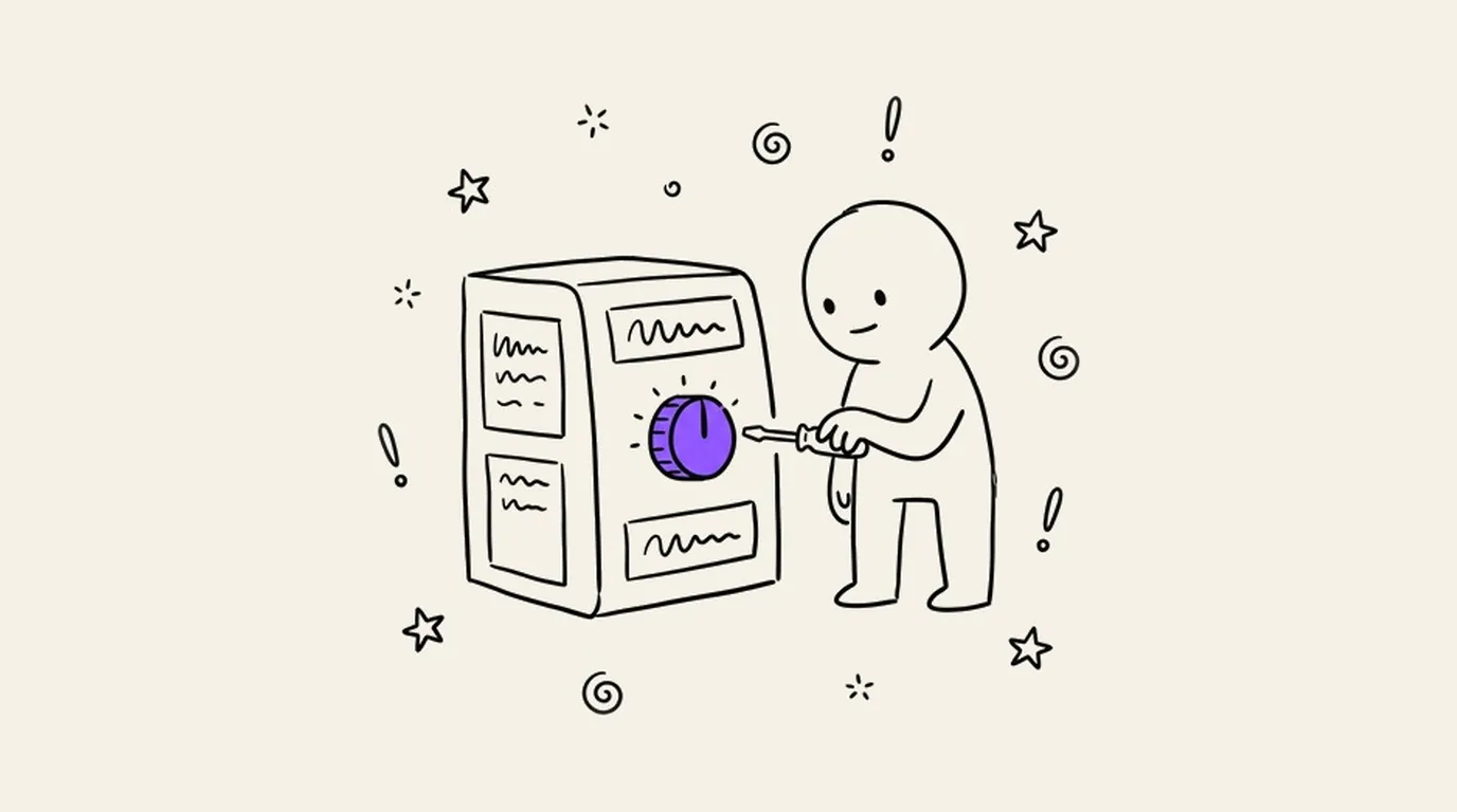 A person turning a violet dial on the side of a machine with a small screwdriver