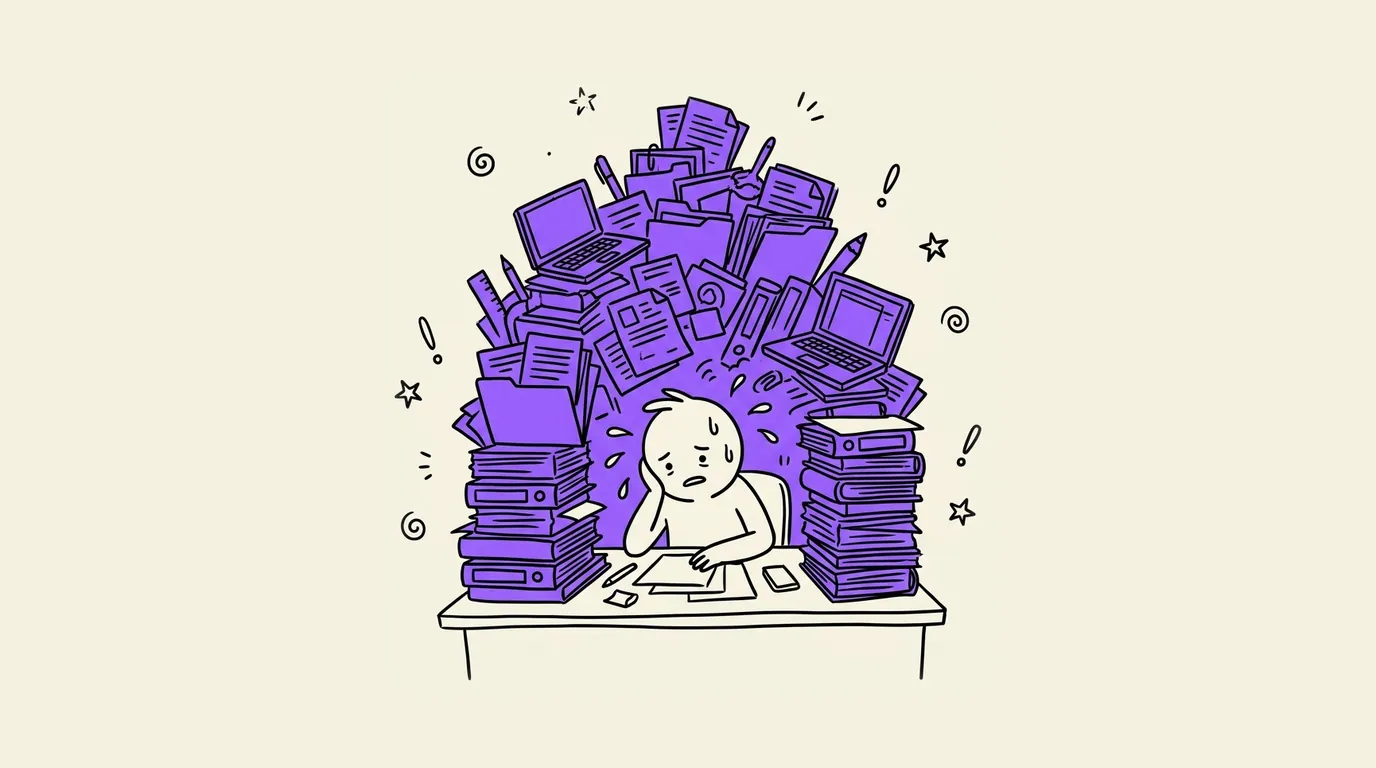 A worried person at a desk, buried under a tall violet pile of folders, papers and laptops