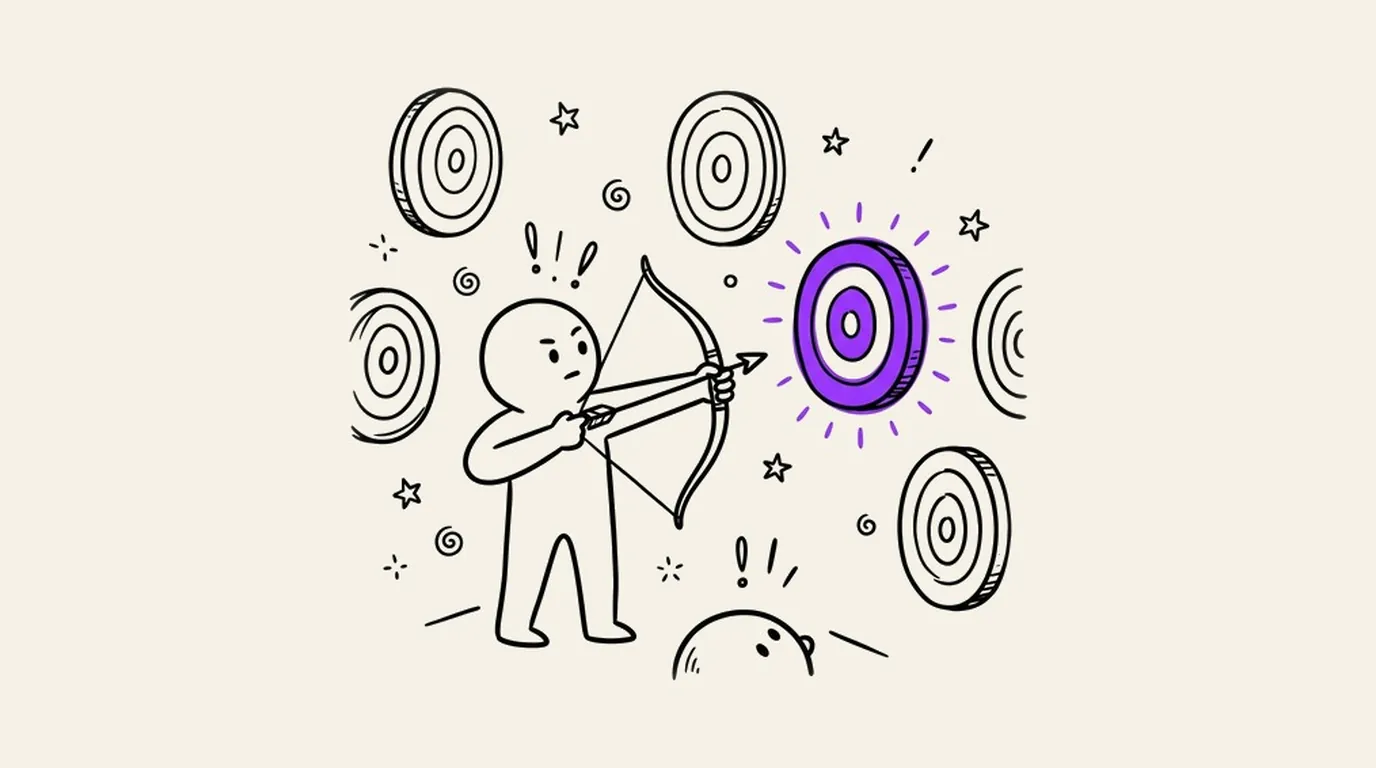 An archer aiming at one bright violet target, with plain targets all around
