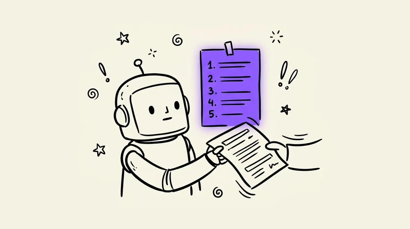 A small robot reading a page next to a violet sheet with five numbered steps on it