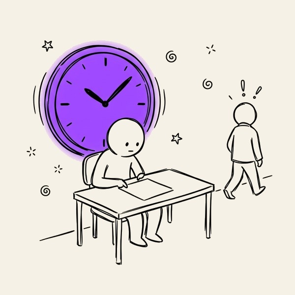 A person alone at a desk holding out a proposal while the client walks away, a clock spinning above them