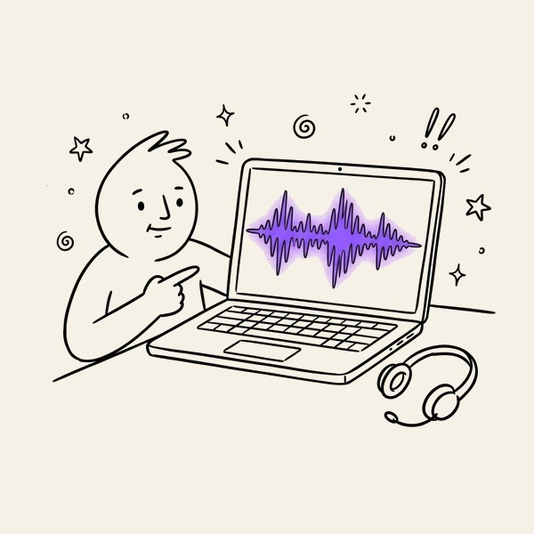 A person pointing at a call recording playing on a laptop, the waveform glowing violet