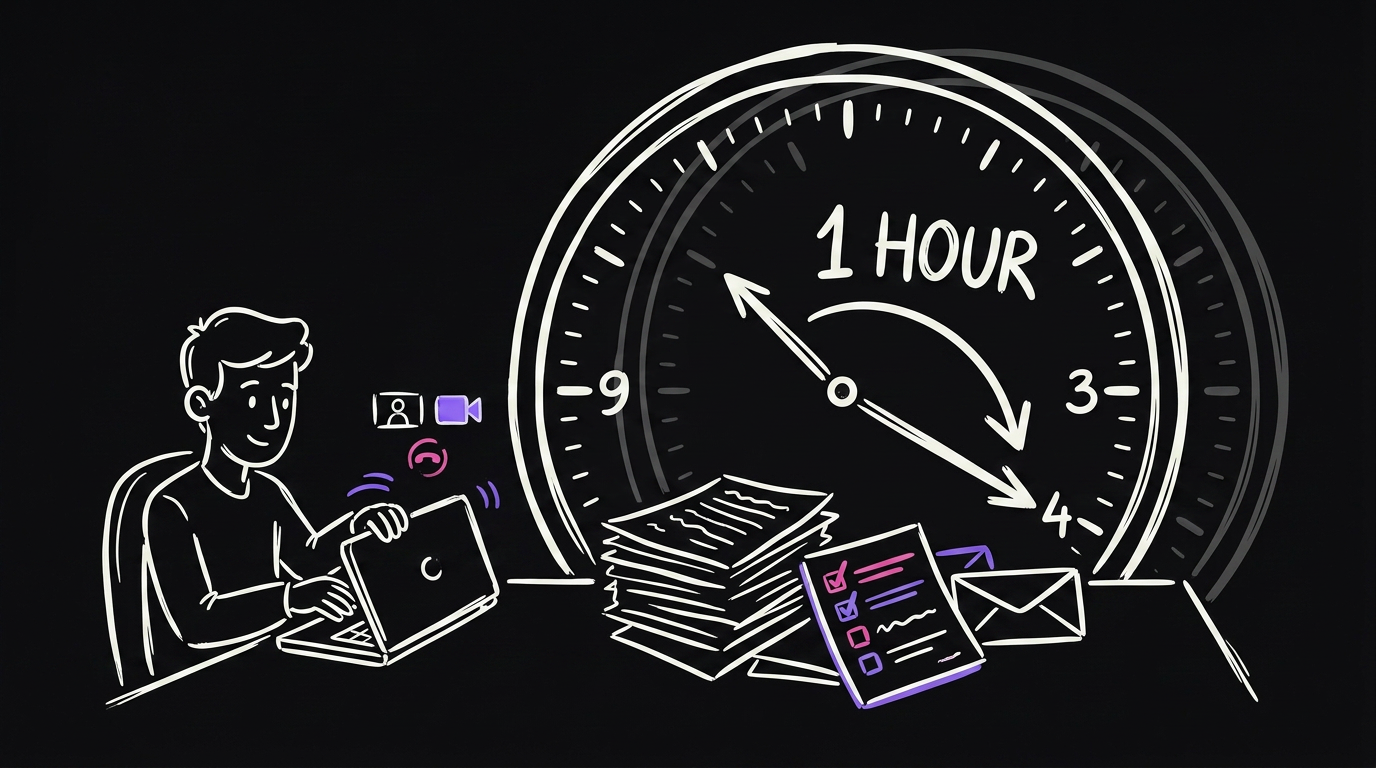 A calendar showing five ticked calls on one side, and a stack of hourglasses on the other side representing the hours lost after them