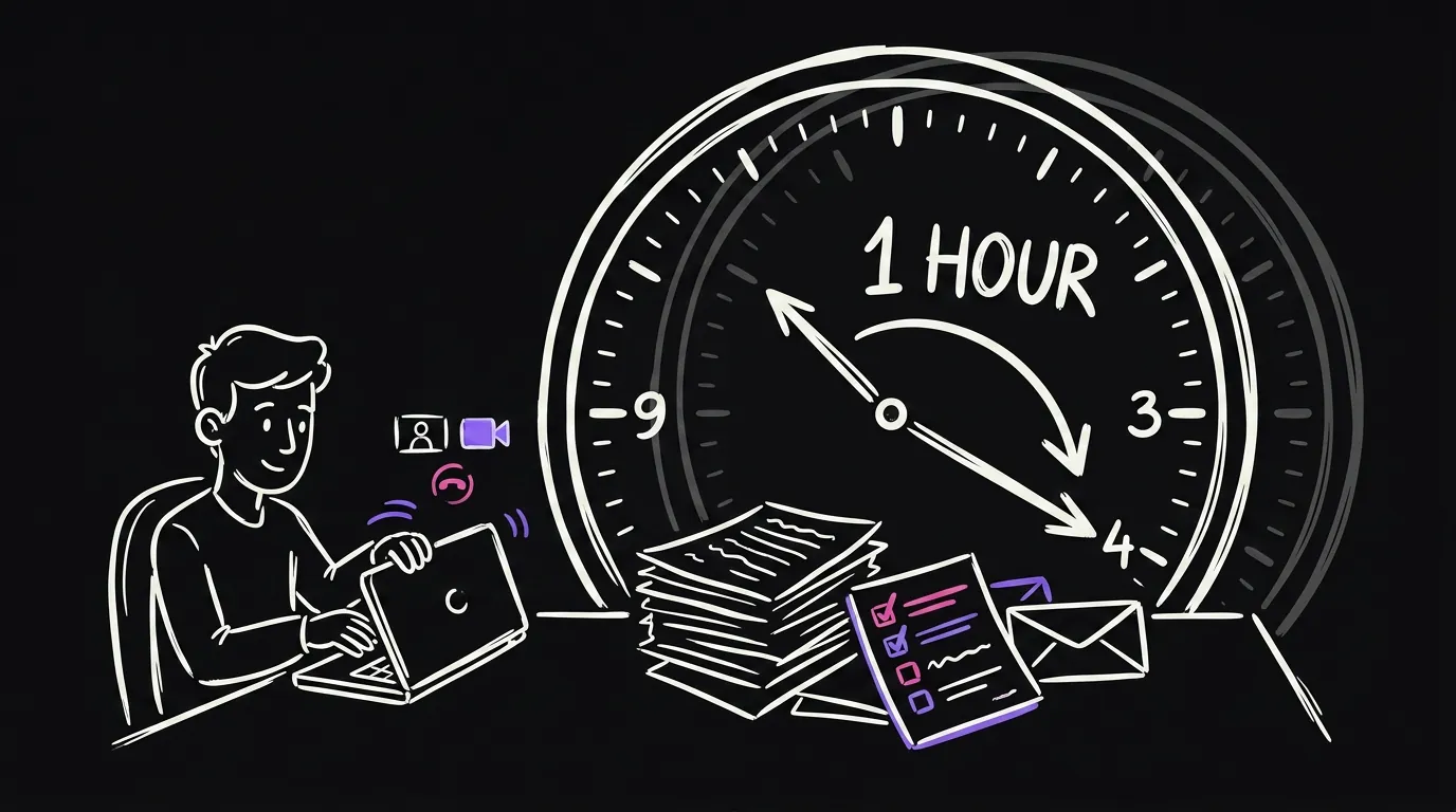 A calendar showing five ticked calls on one side, and a stack of hourglasses on the other side representing the hours lost after them