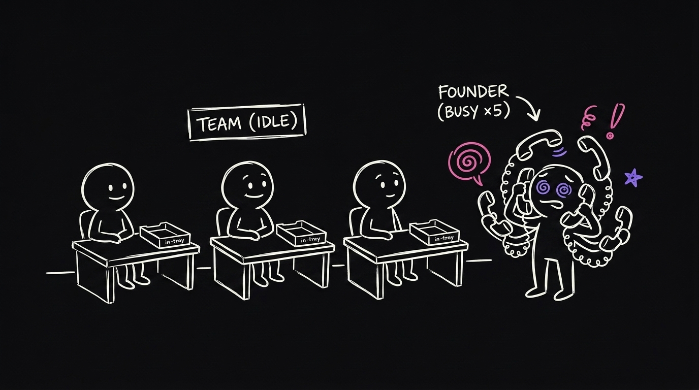A team sitting idle at their desks, watching a clock, while one person types notes alone