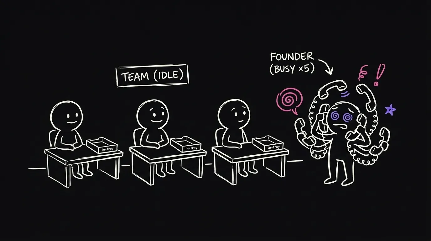 A team sitting idle at their desks, watching a clock, while one person types notes alone
