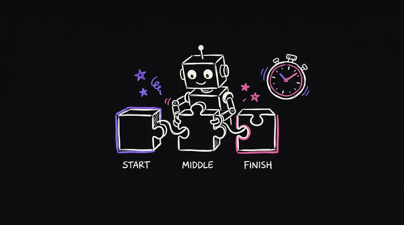 Two building blocks slotting together, one labelled with an automation icon and one with an AI icon, forming a working pipeline