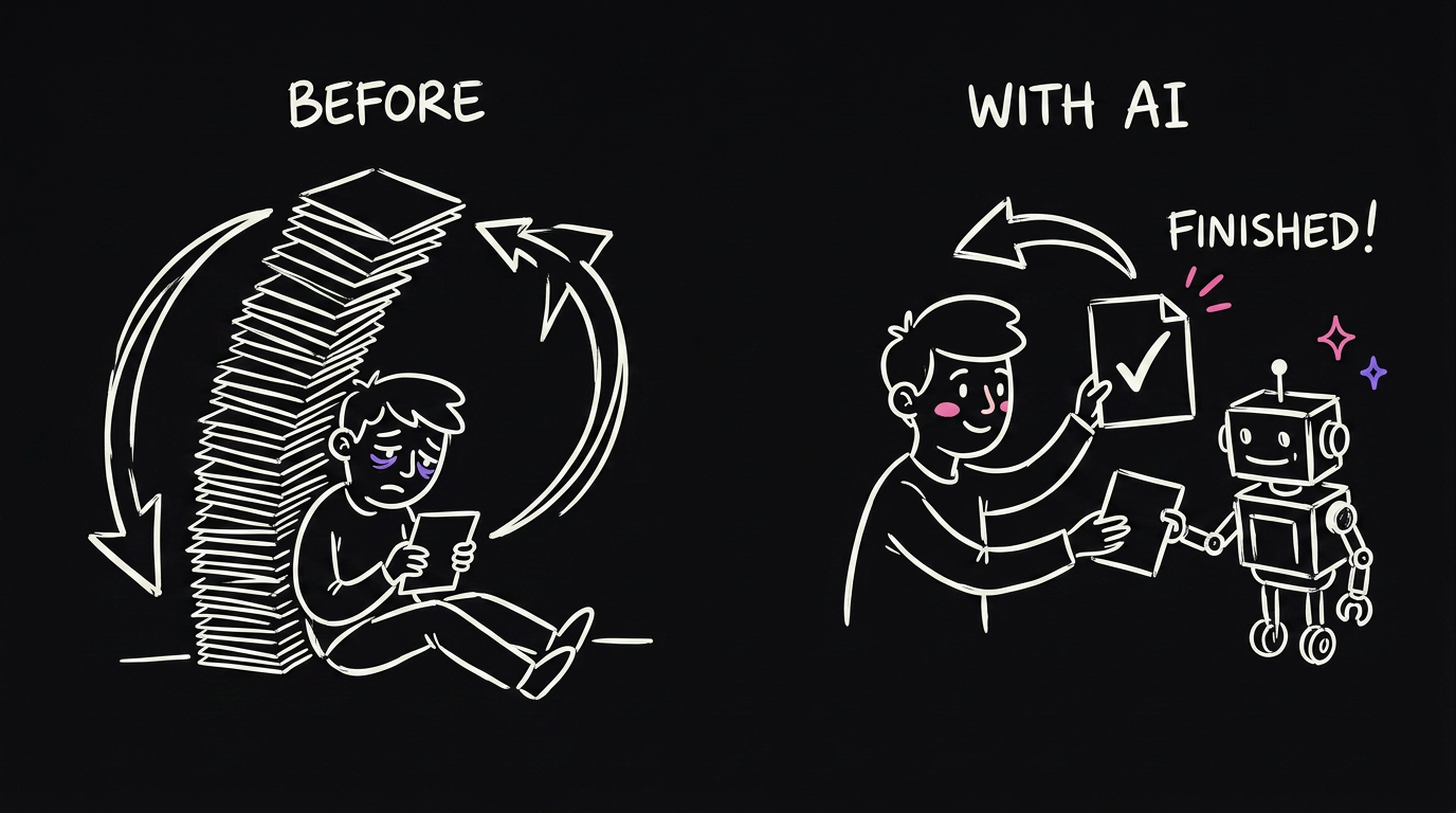 On the left a tired person under a tower of paper cards, on the right the same person calmly handing one card to a robot and getting a finished page back