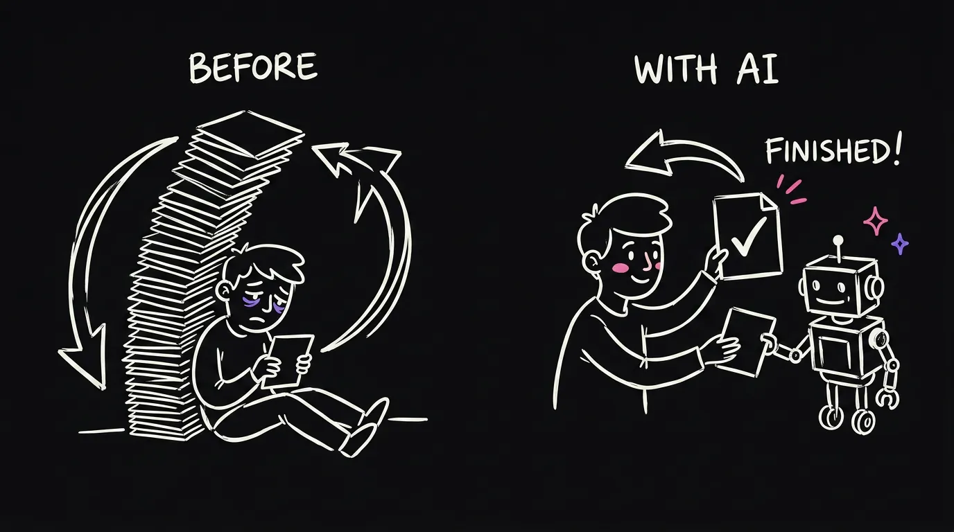 On the left a tired person under a tower of paper cards, on the right the same person calmly handing one card to a robot and getting a finished page back