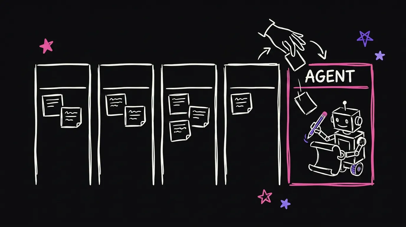A kanban board with four columns and a hand drawing in a fifth column while a small robot steps into it