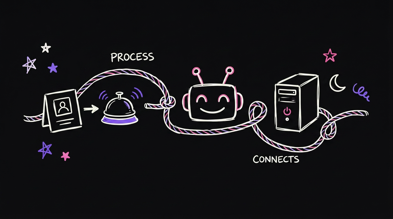 Four objects in a row joined by arrows: a board with a bell, a robot head, a small computer with a moon beside it, and a rope tying them together