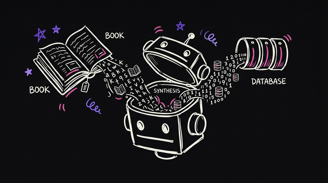 A robot head open at the top with a book pouring in from one side and database cylinders pouring in from the other