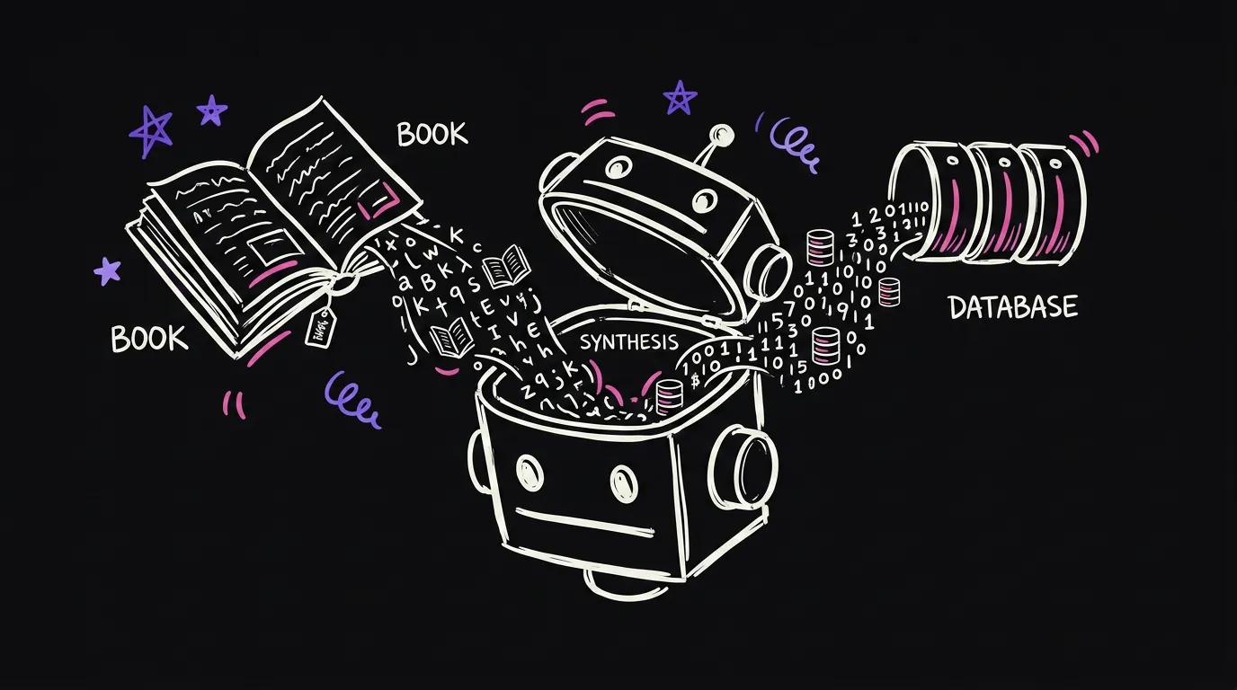A robot head open at the top with a book pouring in from one side and database cylinders pouring in from the other