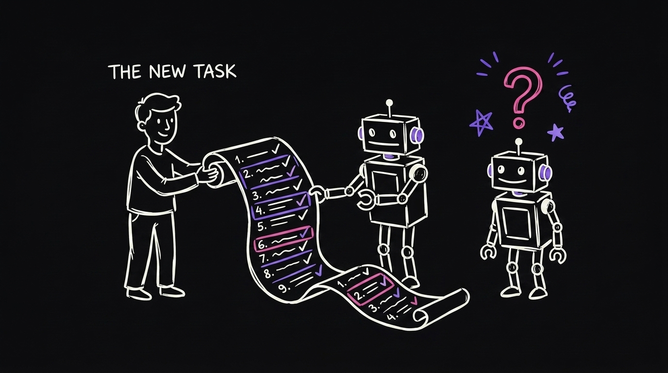 A person handing a long numbered checklist to a robot while a second robot without one looks confused