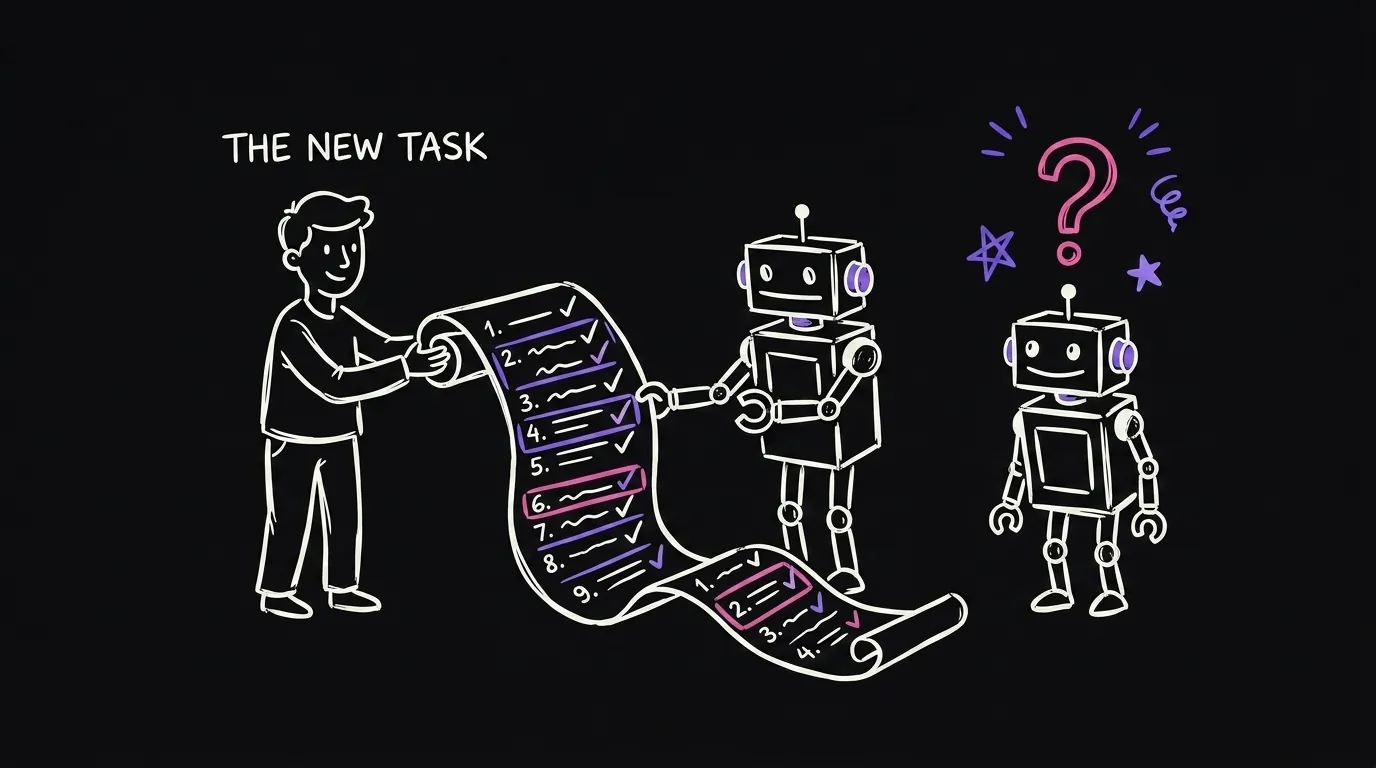 A person handing a long numbered checklist to a robot while a second robot without one looks confused