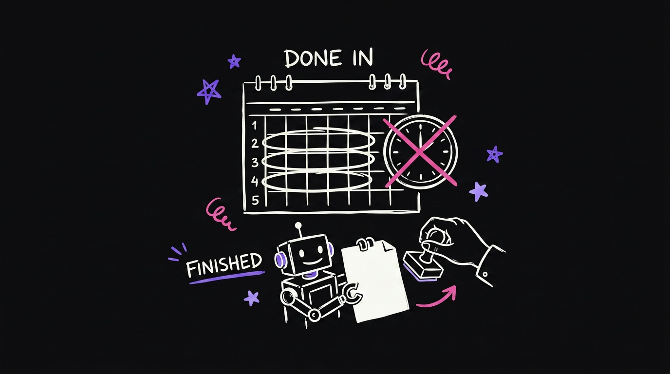 A calendar with three weeks circled and a crossed out clock, and below a robot holding up a page while a hand holds a stamp over it