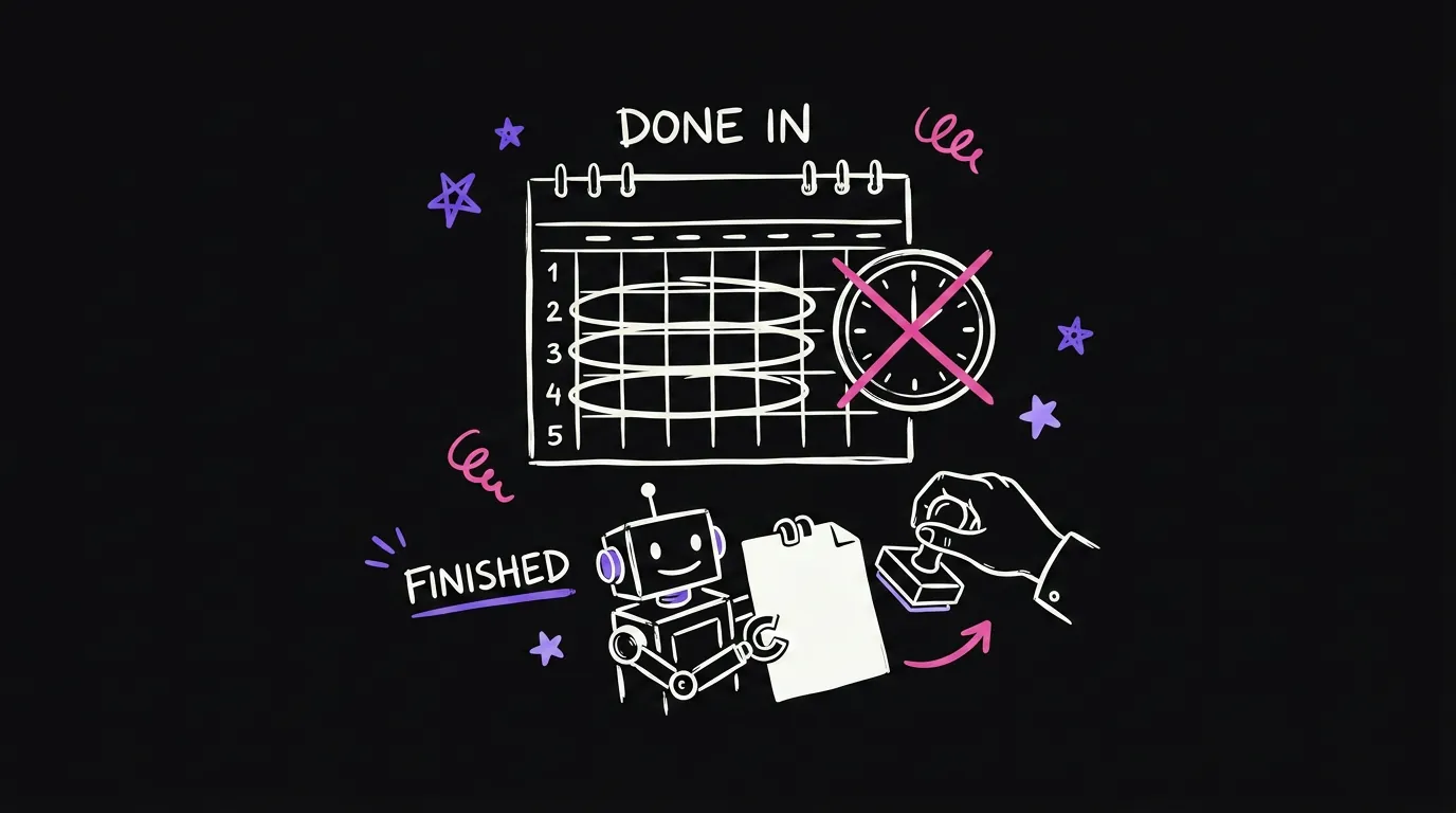 A calendar with three weeks circled and a crossed out clock, and below a robot holding up a page while a hand holds a stamp over it